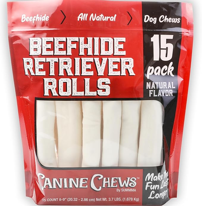 Canine Chews 8-9" Retriever Rolls for Large Dogs - Pack of 15 All-Natural Beef Hide Dog Chews for Aggressive Chewers - 3.7 lb.-Mewly Pet