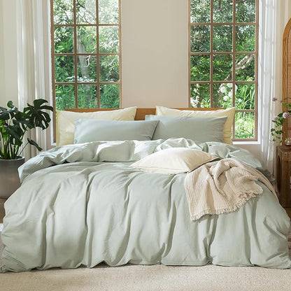 MooMee Bedding Duvet Cover Set 100% Washed Cotton Linen Like Textured Breathable Durable Soft Comfy (Heathered Sage Green, King 104"x90")