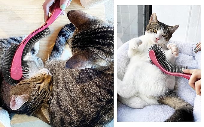 (Pink) Designed for Comfort, Created for Results. This innovative grooming brush features multi contoured bristles that gently adapt to your cats body for a stress-free brushing experience.-Mewly Pet