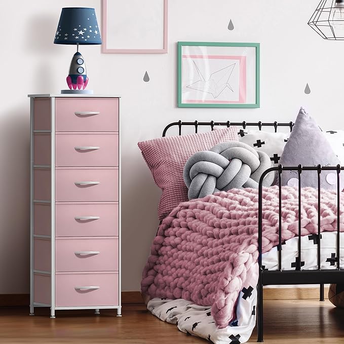 Sorbus Fabric Dresser for Kids Bedroom - Chest of 6 Drawers, Tall Storage Tower, Clothing Organizer, for Closet, for Playroom, for Nursery, Steel Frame, Fabric Bins - Wood Handle (Pink)