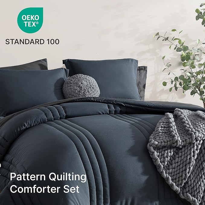 Monbix King Size Comforter Set - 7 Pieces Bed in a Bag King, Blue Gray Bedding Sets with Comforter, All Seasons Comforter Bed Set with Sheets, Pillowcases & Shams
