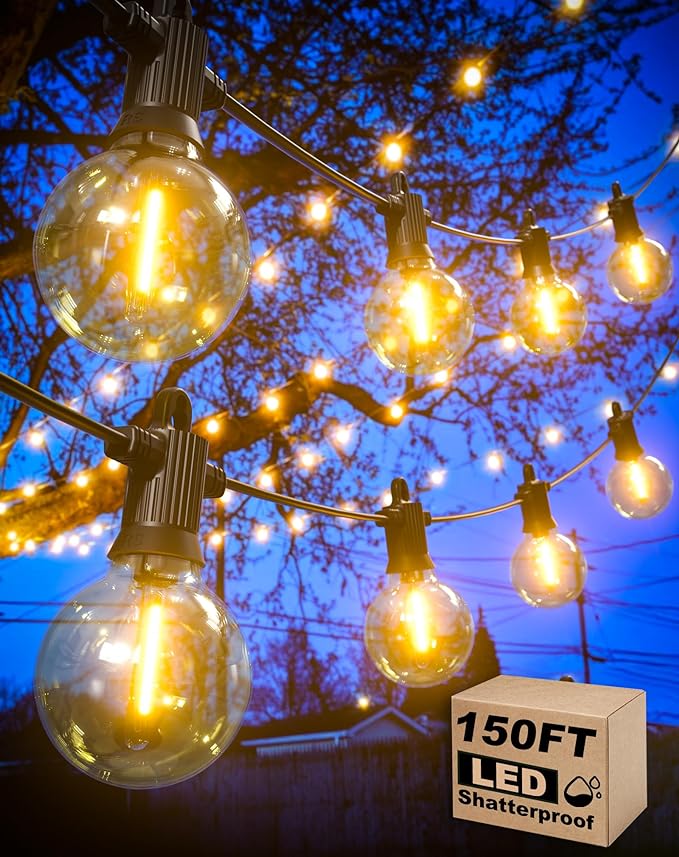 Outdoor String Lights, 150FT Patio Lights with 75 Shatterproof G40 Globe Bulb(3 Spare), Waterproof Connectable Dimmable LED Hanging String Lights for Outside Backyard Porch Balcony(2x75FT)