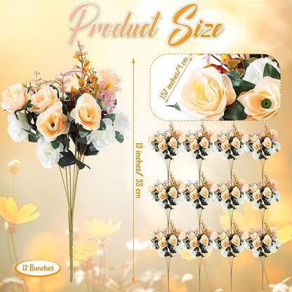 Hotop 12 Bunches of Artificial Flowers Centerpiece 13 Inches Silk Faux Roses Bouquets for Table Decoration Realistic Bouquet Arrangement Boho Faux Flowers for Wedding (Champagne)