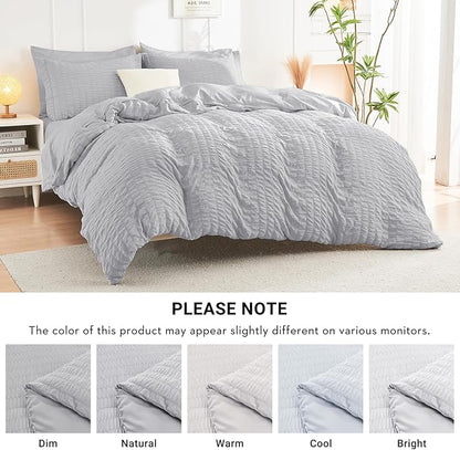 HYMOKEGE Light Grey California King Comforter Set Seersucker 7 Pieces, All Season Luxury Bed in a Bag for Bedroom, Bedding Set with Comforters, Sheets, Pillowcases & Shams