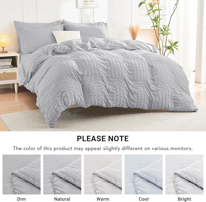 HYMOKEGE Light Grey Queen Comforter Set Seersucker 7 Pieces, All Season Luxury Bed in a Bag for Bedroom, Bedding Set with Comforters, Sheets, Pillowcases & Shams