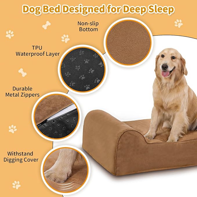 Orthopedic Dog Beds for Large Dogs, 7" Memory Foam Dog Beds with Waterproof Liner, Chew Proof Microsuede Cover, Removable and Washable, Nonskid Bottom, 48"x30" L Khaki-Mewly Pet