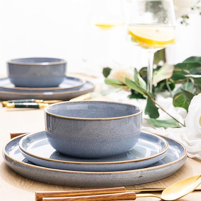 GBHOME Ceramic Dinnerware Sets for 8, 24 Pieces Stoneware Plates and Bowls Sets, Scratch Resistant Dishes, Dishwasher & Microwave Safe, Reactive Glaze-Brunnera Blue-Mewly Pet