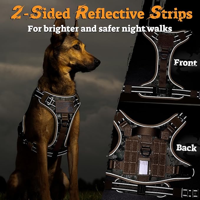 rabbitgoo Dog Harness Medium Sized No Pull, Tactical Service Pet Vest with Molle and Control Handle, Adjustable and Reflective Military Harness for Easy Walking and Training, Brown camo, M-Mewly Pet