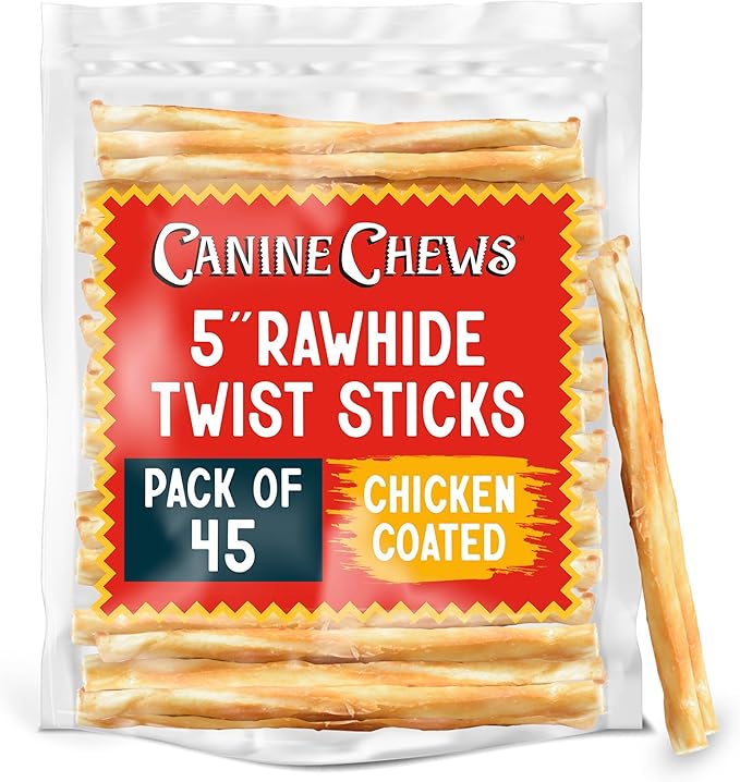 Canine Chews 5" Chicken Coated Sticks - Pack of 45 USA-Sourced Rawhide Dog Treats - Protein-Dense Wrapped Chews With 100% Real Chicken Coating-Mewly Pet