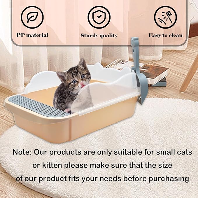 kathson Open Cat Litter Box with High Side,Anti-Splashing Cats Litter Pan Semi-Enclosed Removable Cats Litter Boxes with Litter Sifting Scoop Open Top Kitty Toilet for Easy to Clean(Khaki)-Mewly Pet
