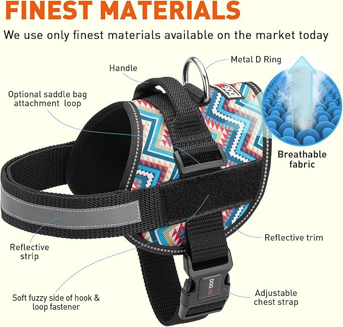 Dogline Dog Harness, Reflective No-Pull Adjustable Vest with Handle for Walking, Training, Breathable, No - Choke Harness for Small, Medium or Large Dogs Room for Patches Aztec Design 2 L 27"-34"-Mewly Pet