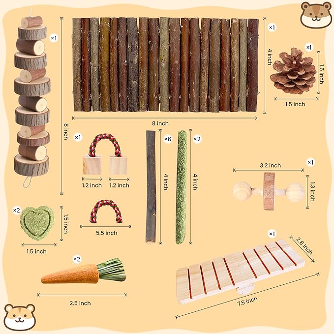18 PCS Hamster Chew Toys Set, Natural Apple Wood Guinea Pig Toys, Hamster Cage Accessories Include Bridge, Seesaw, Carrot, Timothy Straw Stick Dental Care for Rat Gerbil Chinchilla Rabbits-Mewly Pet