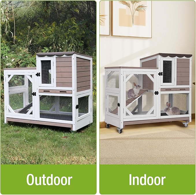 Wooden Rabbit Hutch with Two Story, Bunny Cage with Leak-Proof Trays, and Chew-Proof Ramp, Guinea Pig Cage with Wheels, Suitable for Indoor/Outdoor Use (Brown)-Mewly Pet
