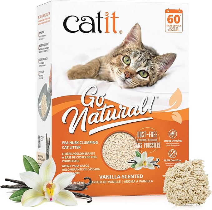 Catit - Go Natural Pea Husk Clumping Cat Litter - Lightweight, Dust Free, Easy Cleaning & Scooping, Flushable Kitty Litter with Odor Control & Subtle Fragrance - 12.3 Lbs, Vanilla Scented-Mewly Pet