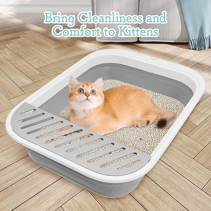 Fhiny Cat Litter Box Portable Shallow Litter Box 17.7"x13.4"x4.9" Foldable Cat Toilet with Scoop Open Kitty Potty Pan with Litter Drop Pedal Easy to Clean Travel Kitten Toilet(Gray)-Mewly Pet