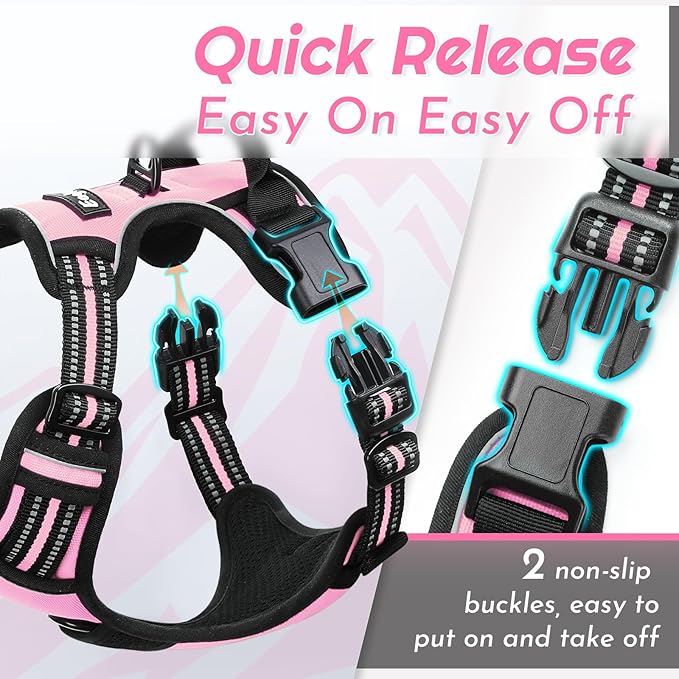 Eagloo Dog Harness Large Breed, No Pull Service Vest with Reflective Strips and Control Handle, Adjustable and Comfortable for Easy Walking, No Choke Pet Harness with 2 Metal Rings, Pink, XL-Mewly Pet