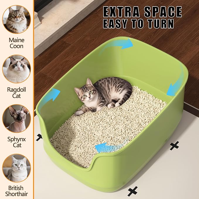 Gefryco Large Cat Litter Box with High Sided 24.6"x18.3"x12.2" - Jumbo Extra Large Open Anti - Splashing High Wall for Multiple Cats (Green)-Mewly Pet