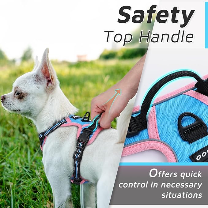 Eagloo Small Dog Harness No Pull, Service Vest with Reflective Strips and Control Handle, Adjustable and Comfortable for Walking, No Choke Pet Harness with 2 Metal Rings, Pink & Blue, XS-Mewly Pet