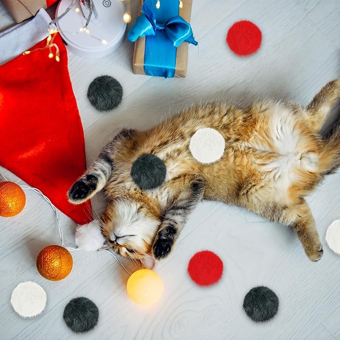 LEIFIDE 12 Pieces Real Rabbit Fur Pom Pom Kitty Cat Toy Fluffy Cat Balls Soft Fuzzy Balls for Kitty Pets Kitten Chase Quiet Play, 3 Inches in Diameter(Red,White,Green)-Mewly Pet