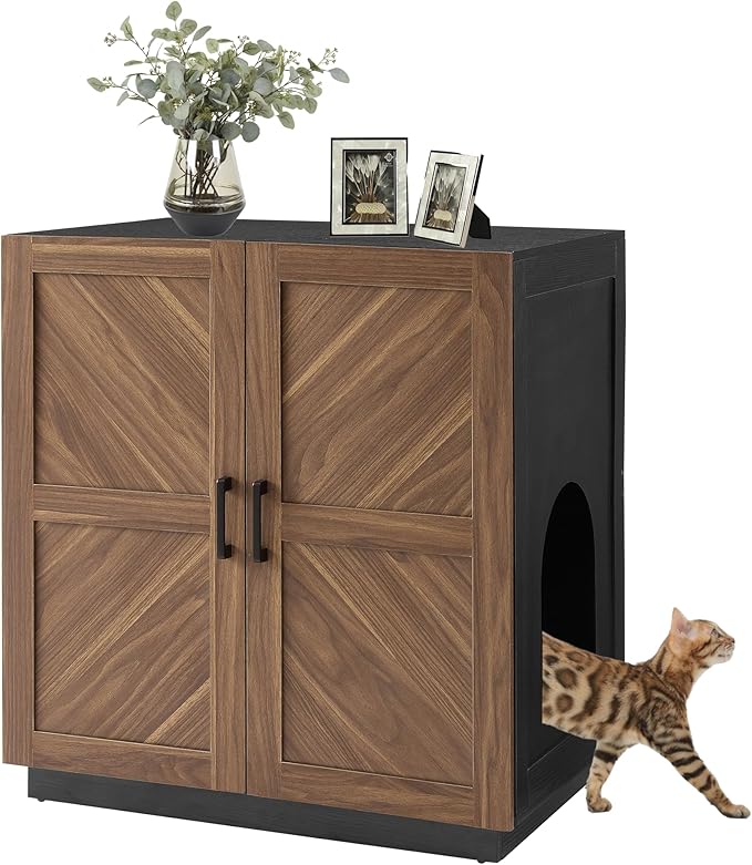 unipaws Cat Litter Box Enclosure with Shelves, Tall Hidden Litter Box Cover for Tall or Top Entry Litter Box, Kitty Enclosed Litter Box Cabinet, Cat Box Furniture, Walnut-Mewly Pet