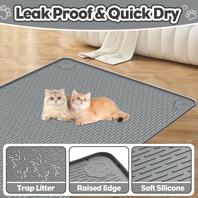 Cat Litter Mat, Extra Large 40" x 28" Silicone Mat Litter Trapping Mat for Scatter Control, Soft on Kitty Paws, Easy to Clean (Dark Gray)-Mewly Pet