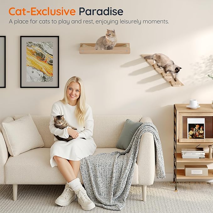 HOOBRO Cat Wall Shelf Set of 2, Wall Mounted 4-Level Cat Steps with Jute Scratching Steps, Hammock Wall Mounted, Holds up to 40 lb, Cat Wall Furniture, for Playing, Natural NL41CS03-Mewly Pet