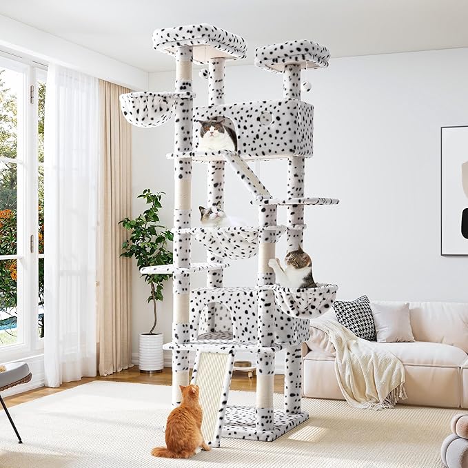 Allewie 81 Inches Tall Cat Tree/Multi-Level Large Climbing Tree House and Towers for Big Feline/Condo and Hammock/Scratching Post/Wide Base/White & Black Spot-Mewly Pet