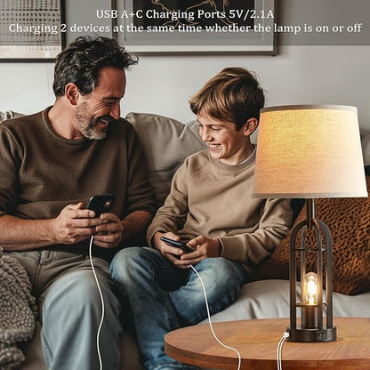 Black Table Lamps for Living Room Set of 2 - Farmhouse Lamps for Night Stands with USB A+C, Bedside Lamps for Bedroom, 24'' Industrial Lamp for Living Room End Tables