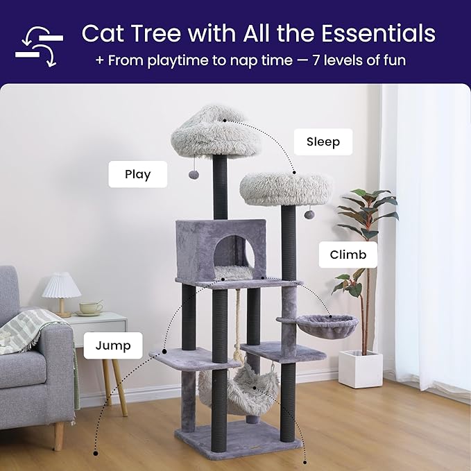 Catry Bradbury 7-Level 62.5” Modern Cat Tree with Replaceable Scratching Posts,Big Condo,Two Washable Beds, Two Hammocks,Quick Assembly, for Multi-Cat Homes(Cloud Gray)-Mewly Pet