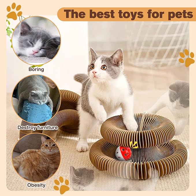 Magic Organ Cat Scratcher Board with 3 Balls, Foldable Recyclable Accordion Cats Toy with Ball and Track Adventure, Cat Scratching Pad, Retractable Reversible Furniture Protector(Brown)-Mewly Pet