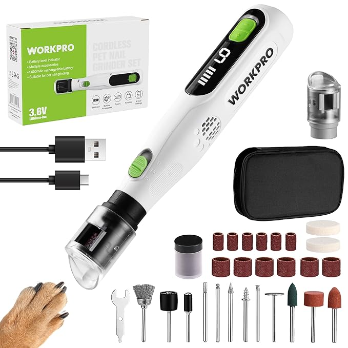 WORKPRO 6-Speed Dog Nail Grinder, Pet Nail Grinder for Small, Medium, and Large Dogs and Cats, 70 Accessories Rotary Tool with Type-C Charging Cable and Storage Bag for Sanding, Carving, and Polishing-Mewly Pet
