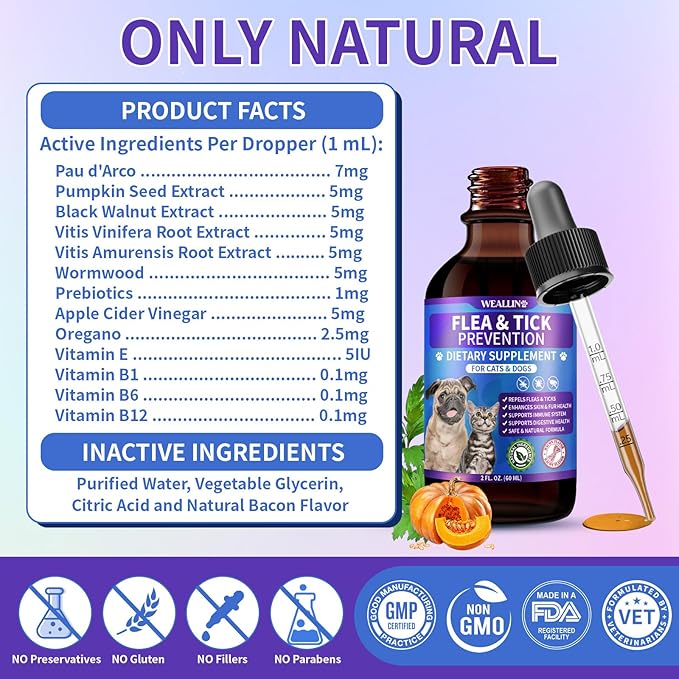 Flea and Tick Prevention Support for Cats and Dogs Natural Flea Treatment Drops with Multivitamin for Pets Oral Natural Supplement Flea and Tick Treatment Drops for All Breeds and Ages-Mewly Pet