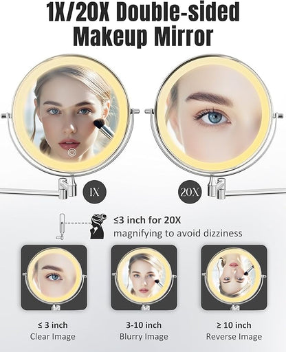 Wall Mounted Makeup Mirror with Light, 20X/1X 8'' Double Sided LED Magnifying Bathroom Lighted Vanity Mirror with Magnification, 3 Color Light up Touch Dimmable Extended Arm 360 Rotation