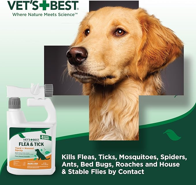 Vet's Best Flea and Tick Yard & Kennel Spray, Dog Flea Spray that Kills Fleas, Mosquitoes, & Ticks, Plant-Based Ingredients, Plant Safe Ready-to-Use Hose Attachment, 32 fl oz-Mewly Pet