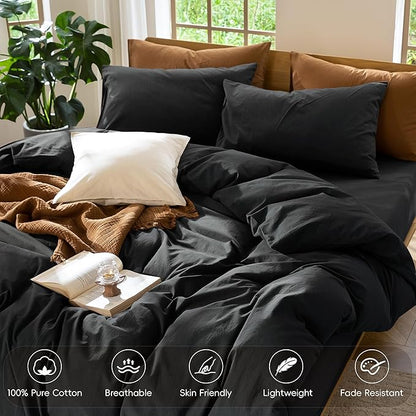 MooMee Bedding Duvet Cover Set 100% Washed Cotton Linen Like Textured Breathable Durable Soft Comfy (Solid Black, Twin 68"x90")
