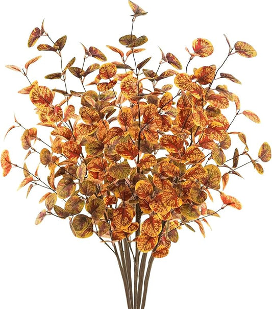6pcs Artificial Fall Eucalyptus Leaves Stems 30" Faux Fall Leaf Fall Branches Autumn Decorations for Home Fall Floral Arrangements Farmhouse Table Centerpiece Decor, Yellow