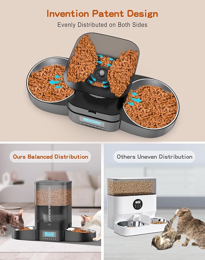 HoneyGuaridan 3.5L Automatic Cat Feeder for Two Cats, Food Dispenser with Stainless Steel Bowl,Timed Cat Feeder Programmable 1-6 Meals Control, Dual Power Supply,10s Meal Call Black-Mewly Pet