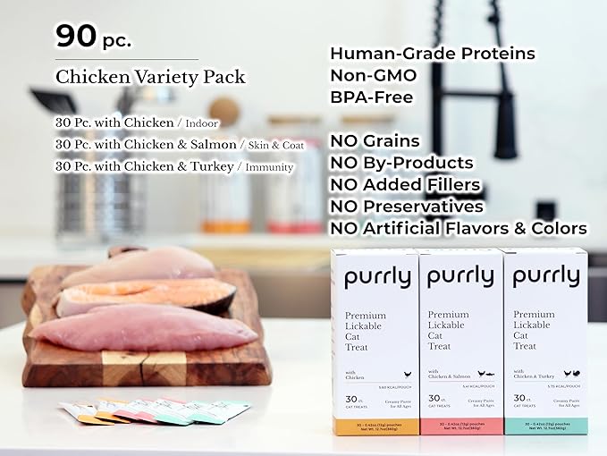 Purrly Low Calorie Premium Lickable Cat Treat Topper Healthy Chicken Variety Bundle (90 Count) Human-Grade Protein Sources with Functional Nutrients Wet Squeeze Creamy Purée Grain-Free Non-GMO-Mewly Pet