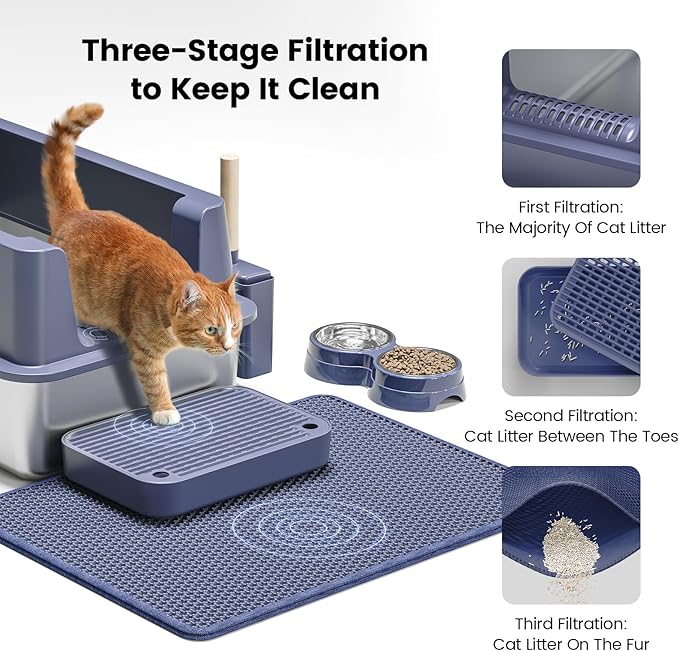 Stainless Steel Cat Litter Box - Enclosed XL Metal Kitty Litter Box with Lid for Big Cats, High Sided, Anti-Leakage, Easy Cleaning, Non-Sticky, Included Litter Mat, Cat Bowl & Spoon-Mewly Pet