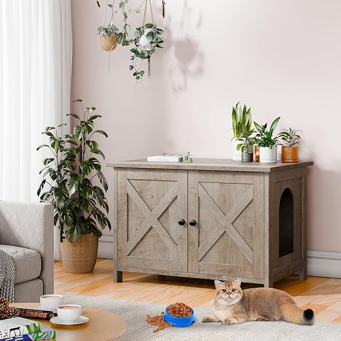 Vongrasig Cat Litter Box Enclosure,Litter Box Furniture Hidden with Barn Door,Wooden Cat Washroom Furniture,Cat House,End Table, Fit Most of Litter Box, Grey-Mewly Pet