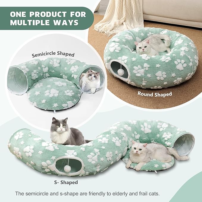 Cat Tunnel for Indoor Cats, Cute Peekaboo Cave with Dangling Balls, Pet Donut Tunnel Bed with Circle Mat for Puppy Kitten Rabbit, Green-Mewly Pet