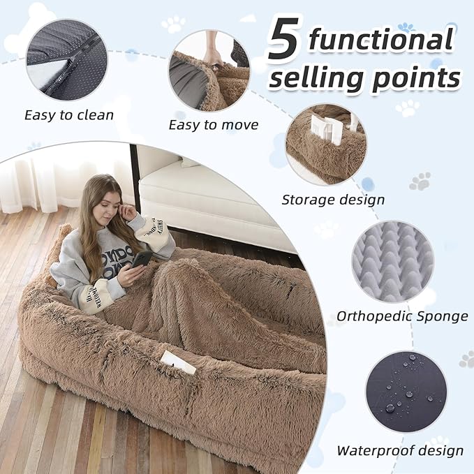 Human Dog Bed, Large Dog Beds for Humans Size Fits You and Pets, Washable Faux Fur Orthopedic Human Pet Bed for People Doze Off, Napping, Present Pillow, Blanket, Strap - Khaki-Mewly Pet