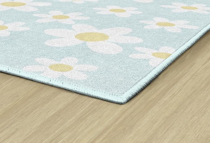Flagship Carpets Schoolgirl Style White Daisies on Blue Educational Area Rug for Kids Room Seating Décor, Children's Classroom, Play Carpet for Teaching and Playroom, 5' x 7'6"