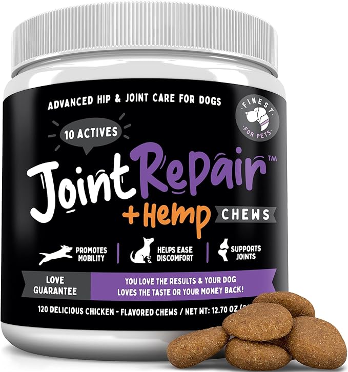 Joint Repair Hip and Joint Chews for Dogs Glucosamine, Chondroitin, MSM, Hemp, Omega 3 & Turmeric for Dog Joint Support, Mobility & Pain Relief - (120 Chicken Chews, Made in USA)-Mewly Pet
