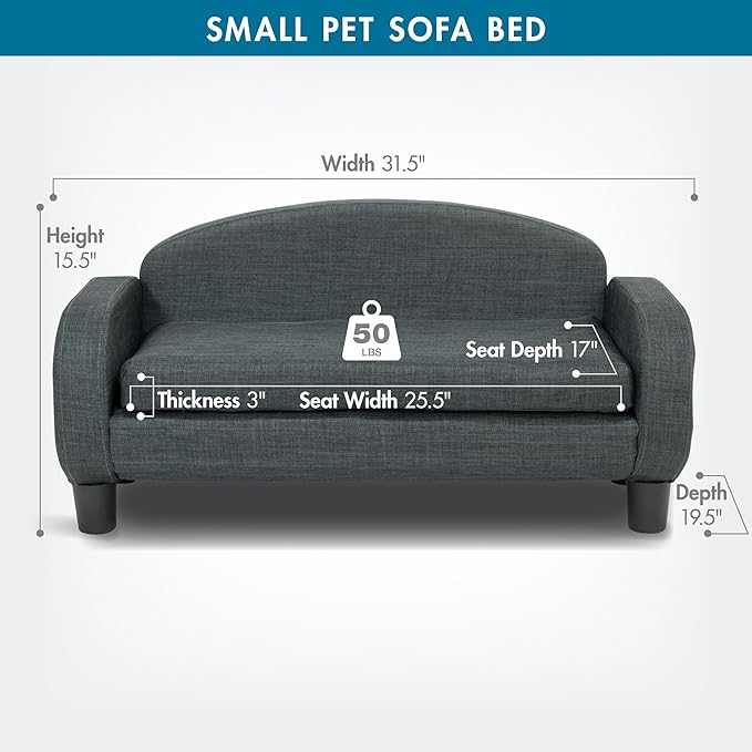 Paws & Purrs Cat Sofa Bed, Pet Couch for Indoor Cats Elevated Cat Beds with Removable Washable Mattress Cover for Kitten, Puppy or Small Animal- 31.5" Wide, Gray-Mewly Pet