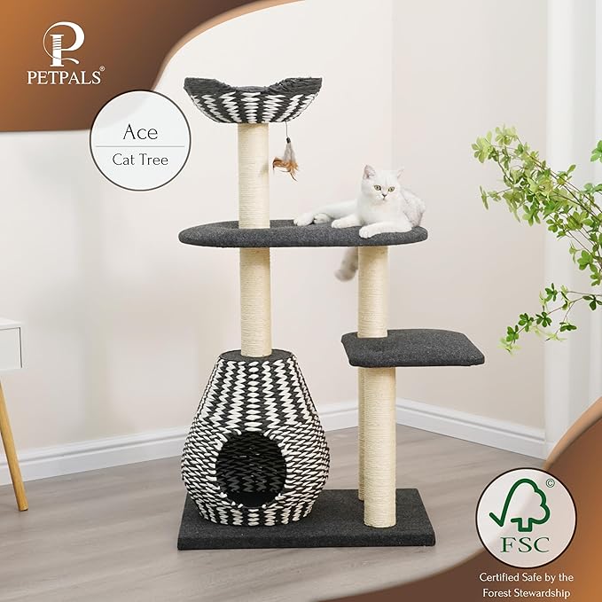 PetPals Ace 4-Level Multi-Activity Cat Tree with Handwoven Recycled Paper Rope Condo and Top Nest Bed, Replaceable Sisal Scratching Posts, Feather Teaser Toy, Black & White-Mewly Pet