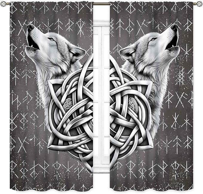 Viking Curtains, Gothic Nordic Wolf Celtic Rune Scandinavian Viking Runes Norse Mythology Aesthetic Retro Drapery for Bedroom Living Room Bathroom Window 2 Panel Set, 42"x45" Inch