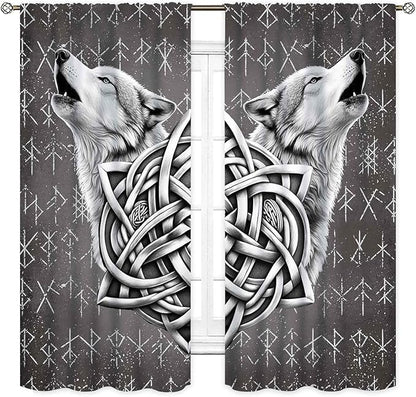 Viking Curtains, Gothic Nordic Wolf Celtic Rune Scandinavian Viking Runes Norse Mythology Aesthetic Retro Drapery for Bedroom Living Room Bathroom Window 2 Panel Set, 42"x45" Inch