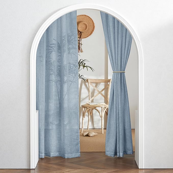 RYB HOME Privacy Sheer Curtains for Bedroom, Linen Blend Lightweight Breathable Burlap Curtains Back Tab Farmhouse Boho Rustic Decoration, Length 36 by Width 52 inch, Dusty Blue, 1 Pair