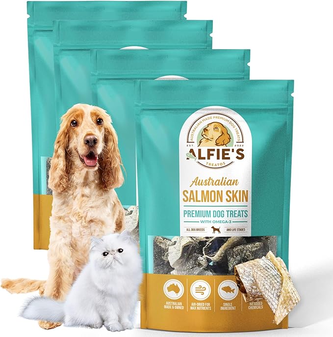 ALFIE'S TREATOS Salmon Skin Treats for Dogs & Cats (10.6 oz, 4x2.65 oz), Bulk Bundle, Air-Dried Fish Skin Dog Treats, Omega-3 Food Topper & Training, Single Ingredient, Freeze-Dried Alternative-Mewly Pet